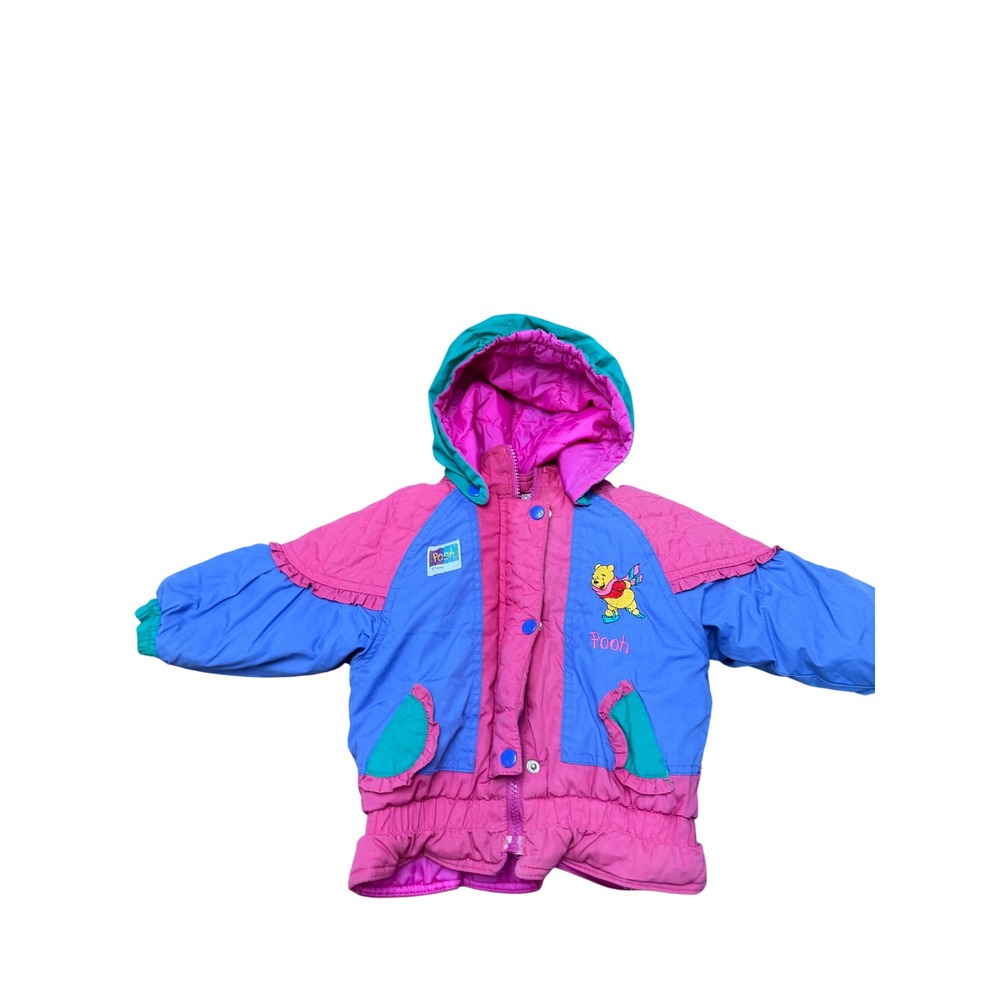 Vintage Pooh Disney Kids Puffer Jacket Pink Blue Colorblock Hooded 24M P6-258